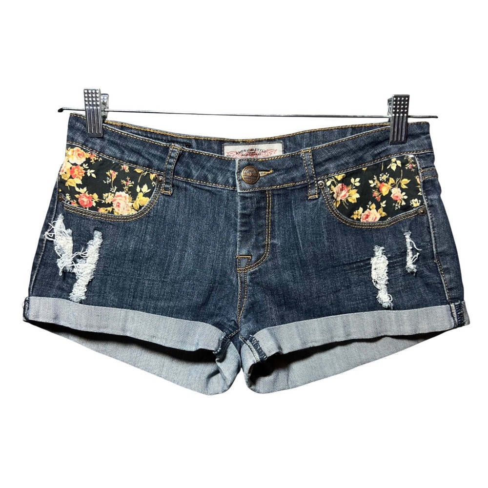 Iris Jeans American Style Floral Distressed Denim Shorts Dark Wash Cuffed Size M